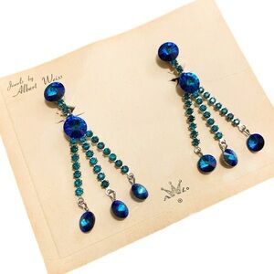 Vintage 1960’s Albert Weiss Teal and Sapphire Clip-On Dangle Earrings